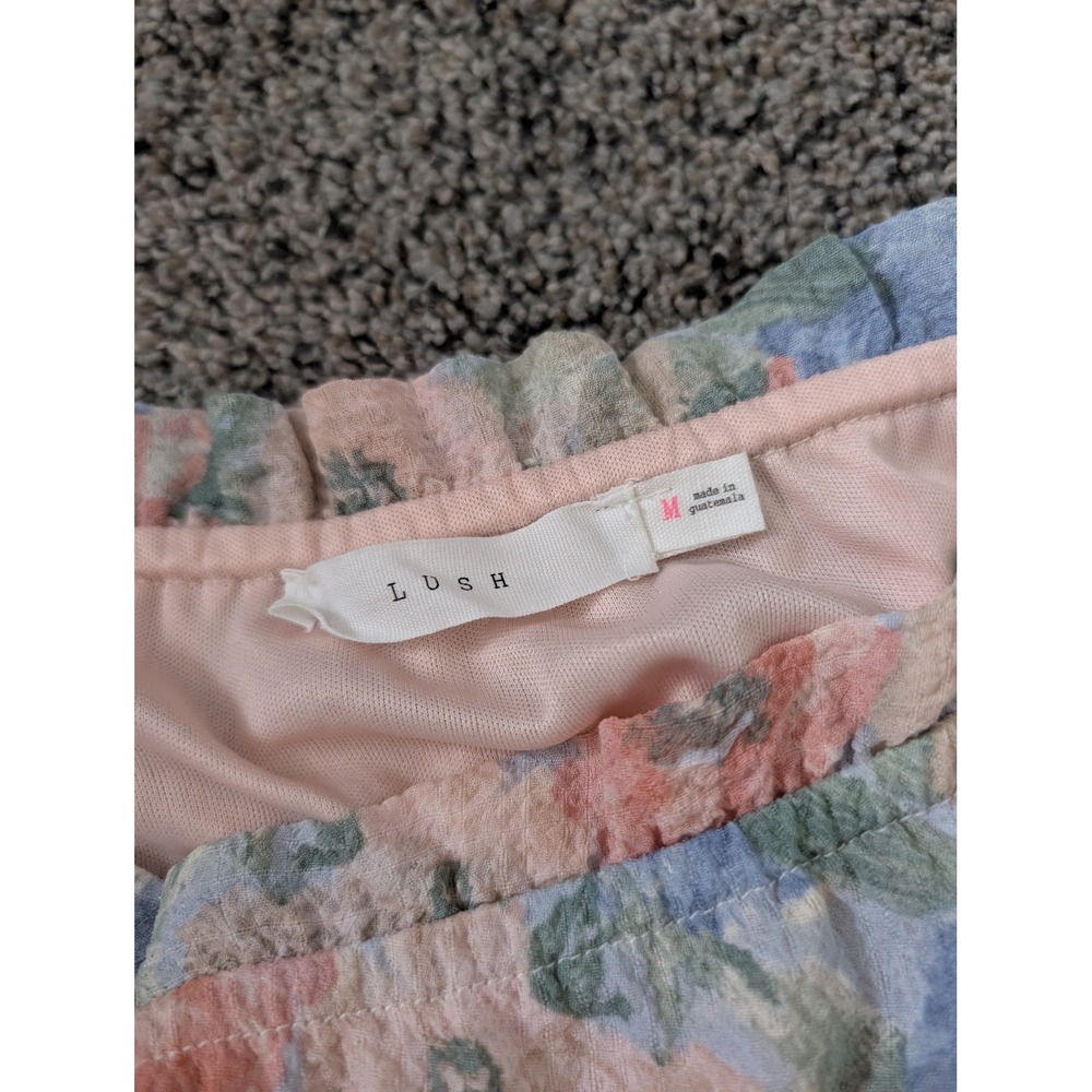 Lush Pink Blue Floral Off the Shoulder Balloon Sleeve Blouse Medium - Picture 2 of 4